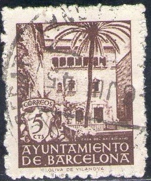 España Barcelona 1945 Edifil 66 Sello Casa del Arcediano con nº control al dorso Usado 