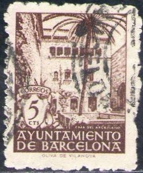 España Barcelona 1945 Edifil 66 Sello Casa del Arcediano con nº control al dorso Usado 