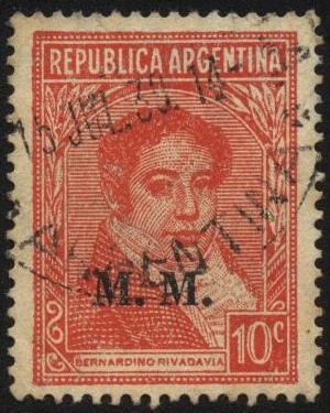 Bernardino Rivadavia, primer presidente de la Argentina. Sobreimpreso M.M. Ministerio de Marina . 