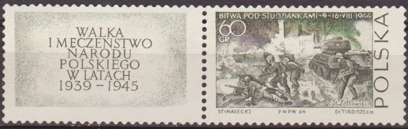 Polonia 1964 Scott 1277 Sello Nuevo Soldados Polacos Atravesando el Rio Oder 1945 y Viñeta Polska