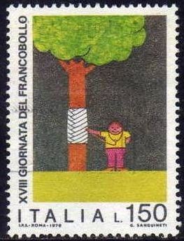 Italia 1976 Scott 1242 Sello Dia del Sello Dibujo de Niños Niño cuidando arbol usado