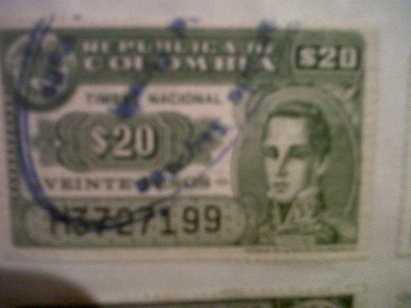 sello de Colombia de 20 pesos timbre nal.