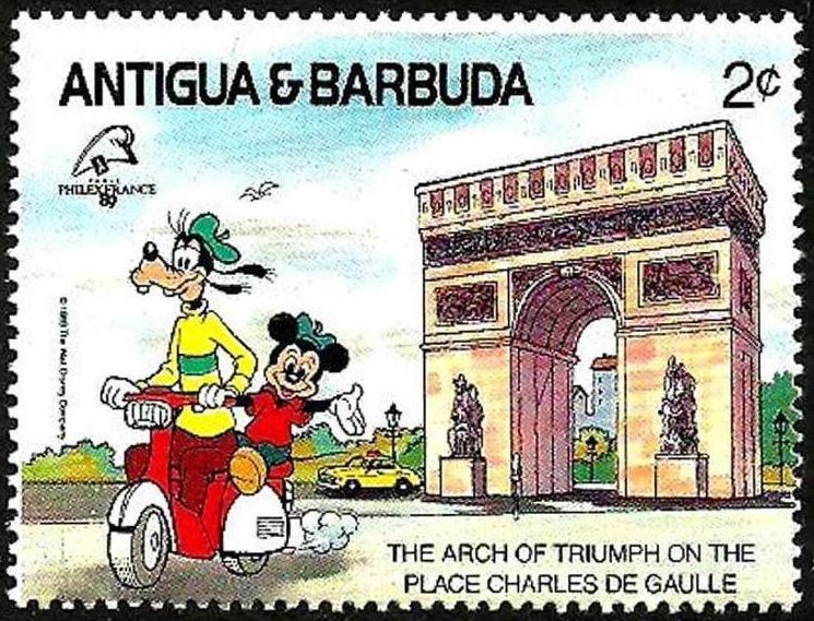 Antigua & Barbuda 1989 Scott 1208 Sello ** Walt Disney Michey y Pluto Arco del Triunfo en la Plaza C