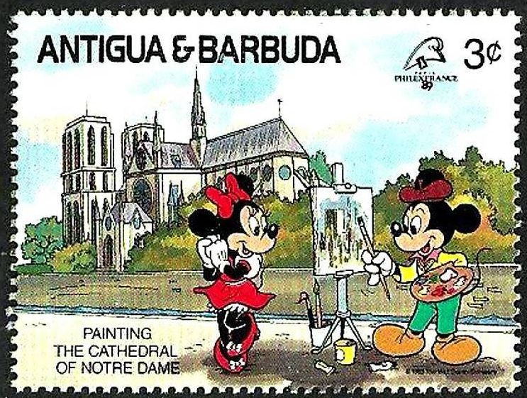 Antigua & Barbuda 1989 Scott 1209 Sello ** Walt Disney Michey y Minnie Pintando La Catedral de Notre