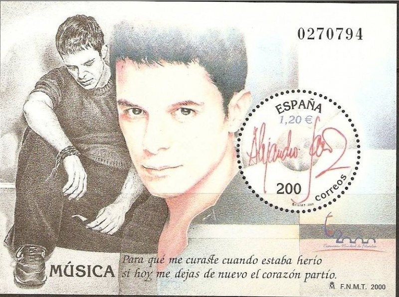 ESPAÑA 2000 3756 Sello HB ** Exposicion Mundial Filatelia Personajes Musica Alejandro Sanz