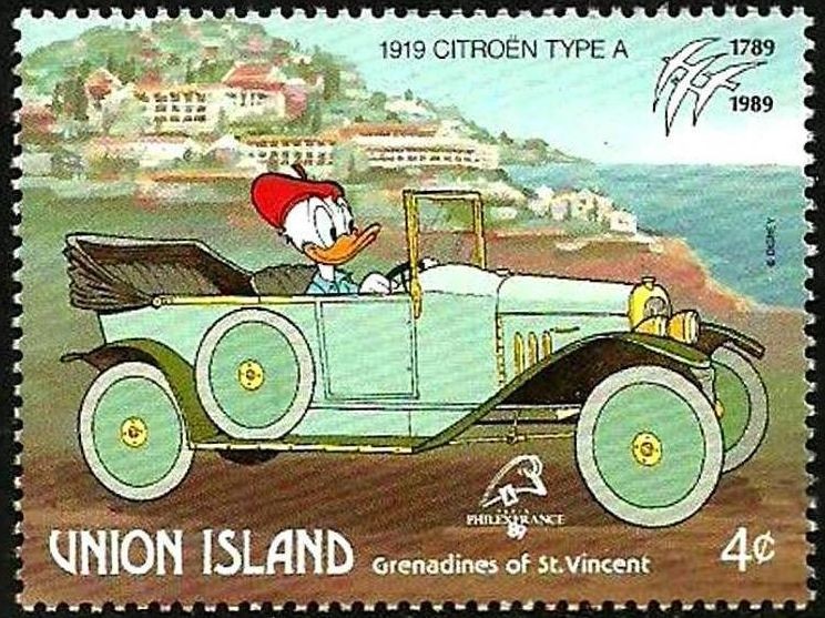UNION ISLAND (St.Vincent) 1989 Scott 244 Sello ** Walt Disney Coches Antiguos Mickey, Minnie y Daisy