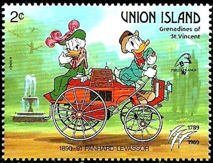 UNION ISLAND (St.Vincent) 1989 Scott 242 Sello ** Walt Disney Coches Antiguos Donald y Daisy en Pahn