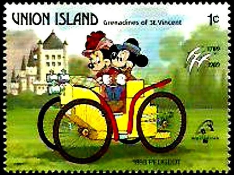 UNION ISLAND (St.Vincent) 1989 Scott 241 Sello ** Walt Disney Coches Antiguos Mickey Minnie Peugeot