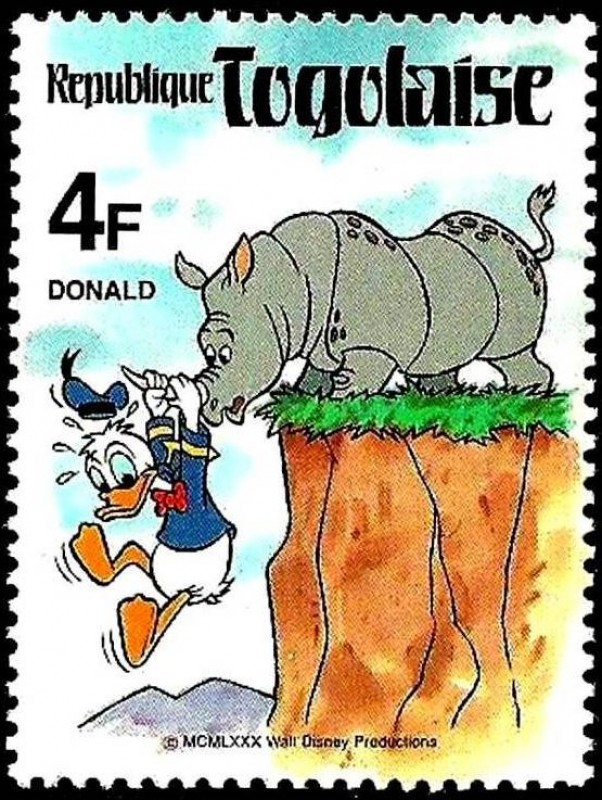 TOGO 1980 Scott 1002 Sello ** Walt Disney Donald y el Rinoceronte 4F 