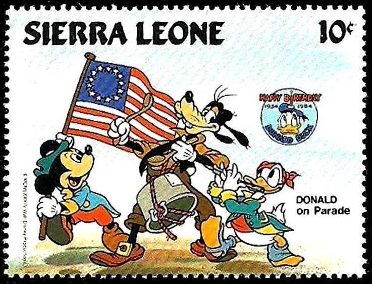 SIERRA LEONE 1984 Scott 662 Sello ** Walt Disney 50 Aniversario de Donald con Mickey y Goofy en Para
