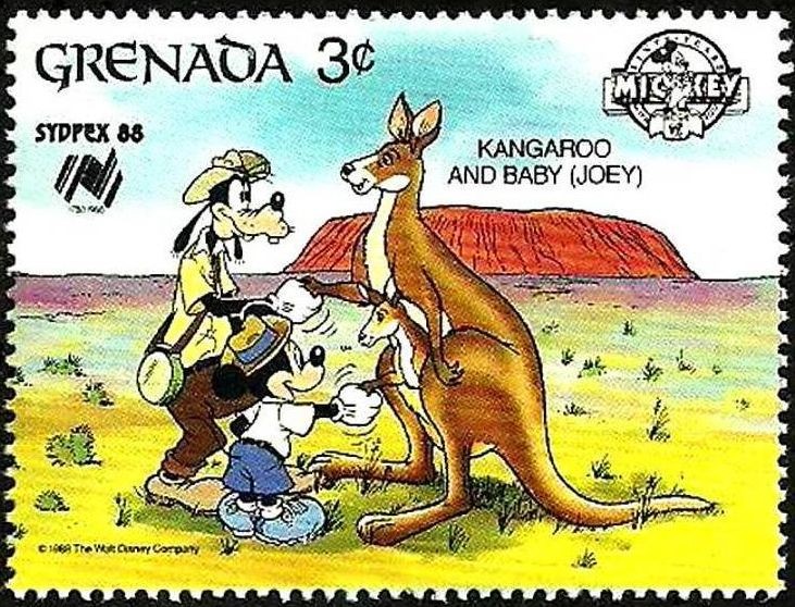 Granada 1988 Scott 1640 Sello ** Walt Disney SYDPEX Australia Mickey y Pluto con Canguros 3c Grenada