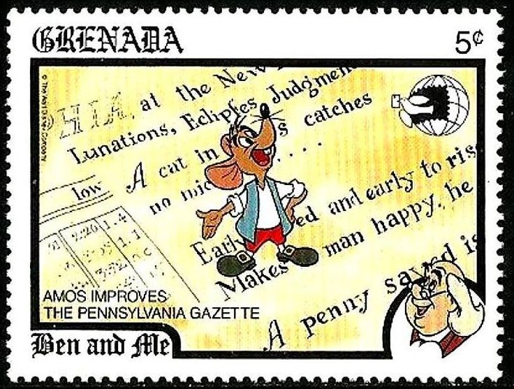 Grenada 1989 Scott 1775 Sello ** Walt Disney Ben and Me Amos Mejora la Gazeta de Pennsylvania 5c