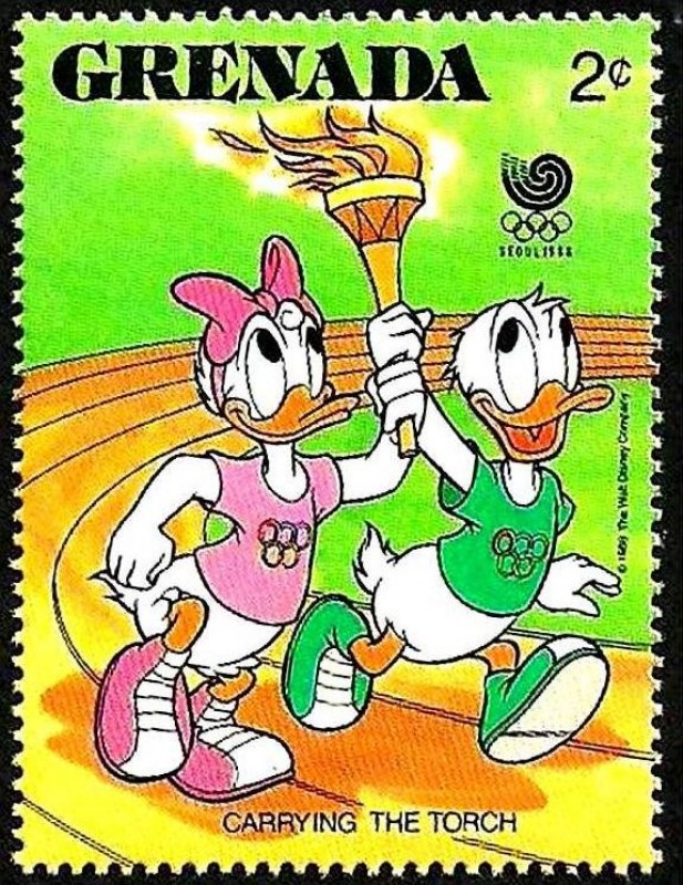 Granada 1988 Scott 1583 Sello ** Walt Disney Juegos Olimpicos de Seul Donald y Daisy portando la Ant
