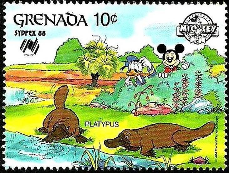 Granada 1988 Scott 1643 Sello ** Walt Disney SYDPEX Australia Mickey y Donald observando Ornitorrinc