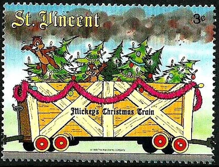 San Vicente 1988 Scott 1123 Sello ** Walt Disney El Tren de Navidad de Mickey Chip y Chop en Open Bo