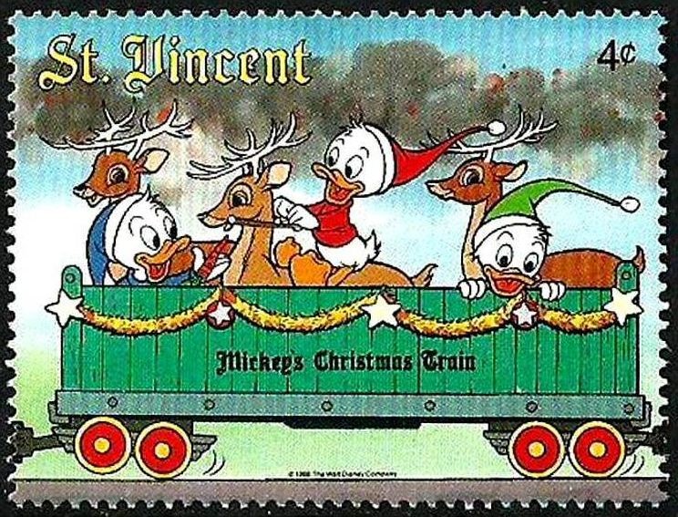 San Vicente 1988 Scott 1124 Sello ** Walt Disney El Tren de Navidad de Mickey Huey, Dewey y Louie y 
