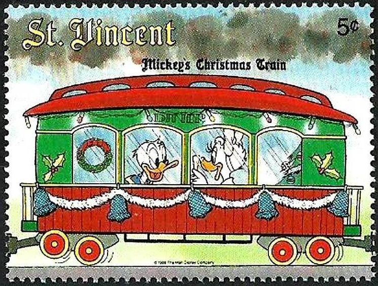 San Vicente 1988 Scott 1125 Sello ** Walt Disney El Tren de Navidad de Mickey Donald y Daisy aboard 