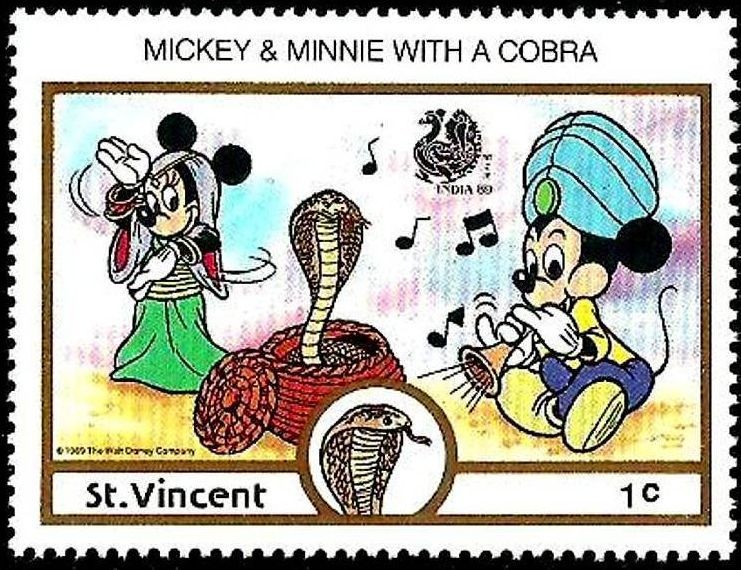 San Vicente 1989 Scott 1132 Sello ** Walt Disney India New Delhi Mickey y Minnie Bailando la Cobra 1