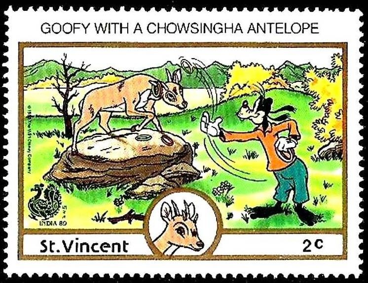 San Vicente 1989 Scott 1133 Sello ** Walt Disney India New Delhi Goofy con Antilope Chowsingha 2c 