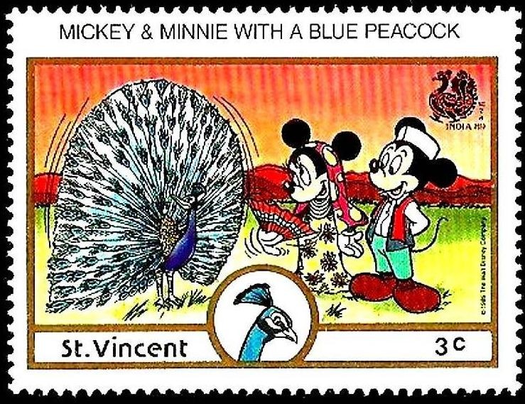 San Vicente 1989 Scott 1134 Sello ** Walt Disney India New Delhi Mickey y Minnie con Pavo Real 3c 