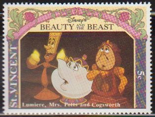 San Vicente 1992 Scott 1770 Sello ** Walt Disney La Bella y la Bestia Lumiere y Mrs. Potts & Cogswor