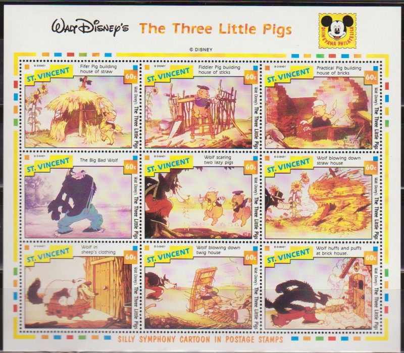 San Vicente 1992 Scott 1792 Sellos HB ** Walt Disney The Three Little Pigs (1933) Los 3 Cerditos