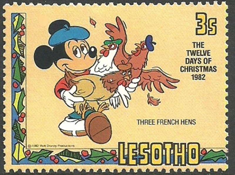 Lesotho 1982 Scott 383 Sello ** Walt Disney Mickey Mouse Christmas Tres Gallinas Francesas 3s 