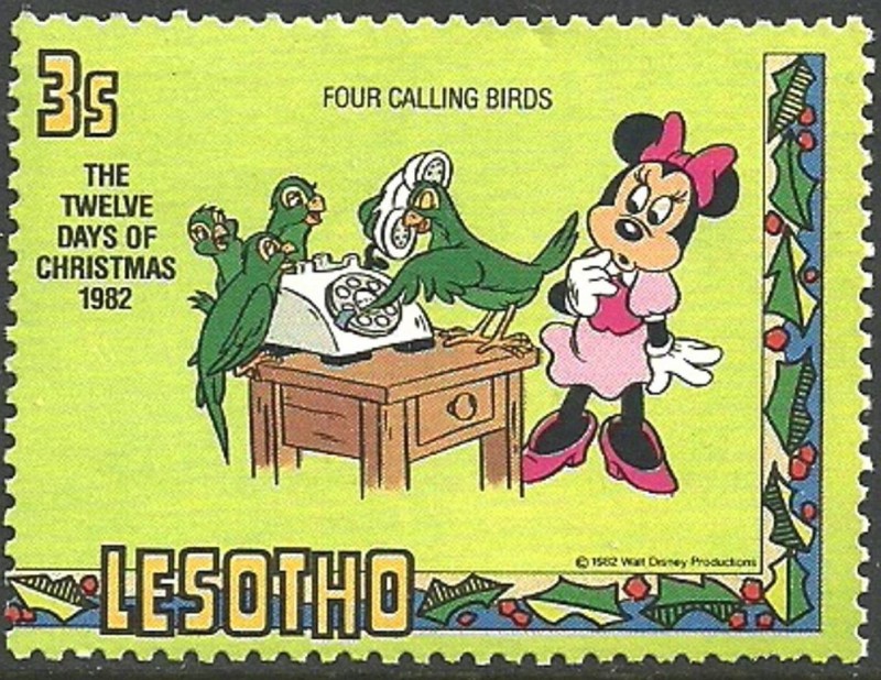 Lesotho 1982 Scott 384 Sello ** Walt Disney Minnie Christmas 4 Loros Llamando por Teléfono 3s