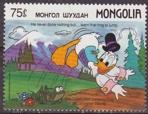 Mongolia 1987 Scott 1633 Sello ** Walt Disney Donald La célebre rana saltarina del distrito Calavera