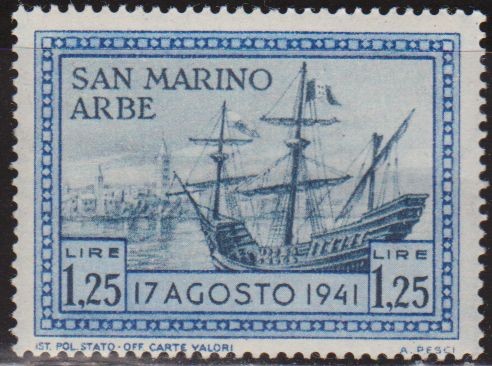 San Marino 1942 Scott 196 Sello ** Barco en Puerto de Arbe 17/08/41 1.25L Saint Marin