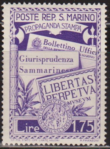 San Marino 1943 Scott 210 Sello * Imprenta Impresion Propaganda Libertas Perpetva 1,75L Saint Marin