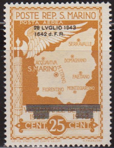 San Marino 1943 Scott C26 Sello ** Mapa de San Marino Sobreimpresion 28 Lvglio 1943 1642 d. F.R. 25c