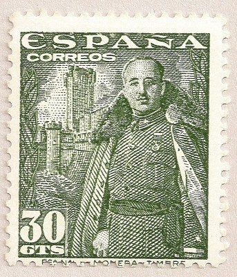 disculpa Hermano Tortuga Stamp: General Franco y castillo de la Mota 30 c. Verde olivaof Spain Europe