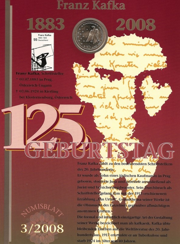 125 Aniversario nacimiento de Franz Kafka - sello y moneda 10 € - anverso