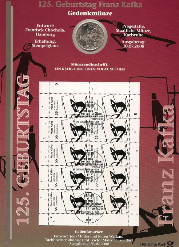 125 Aniversario nacimiento de Franz Kafka - sellos y moneda 10 €  - reverso