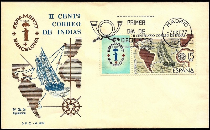 II Centenario del correo de indias - bandeleta Espamer 77 Barcelona - SPD