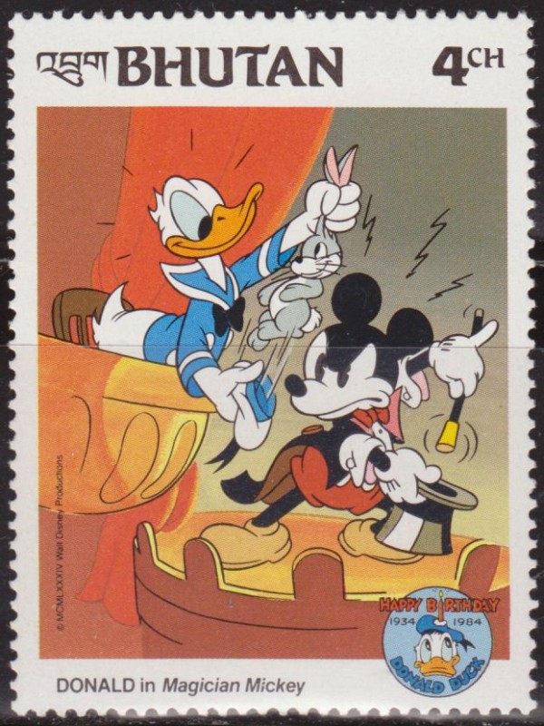 Bhutan 1984 Scott 460 Sello ** Walt Disney Aniv. Donald Duck Mickey Mago 4Ch 