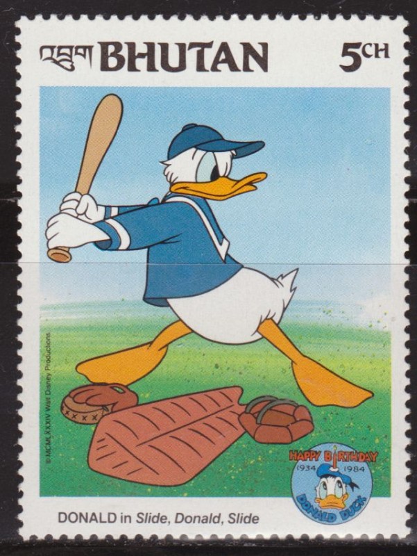 Bhutan 1984 Scott 461 Sello ** Walt Disney Aniv. Donald Duck Diapositivas Beisbol 5Ch