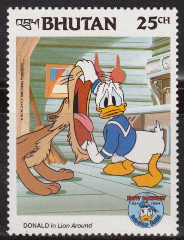 Bhutan 1984 Scott 464 Sello ** Walt Disney Aniv. Donald Duck Domador de Leones 25Ch
