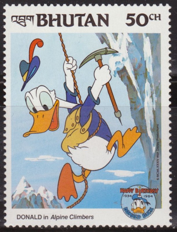 Bhutan 1984 Scott 465 Sello ** Walt Disney Aniv. Donald Duck Alpinista 50Ch