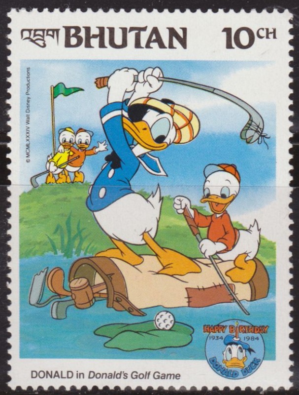 Bhutan 1984 Scott 462 Sello ** Walt Disney Aniv. Donald Duck Jugador de Golf 10Ch 