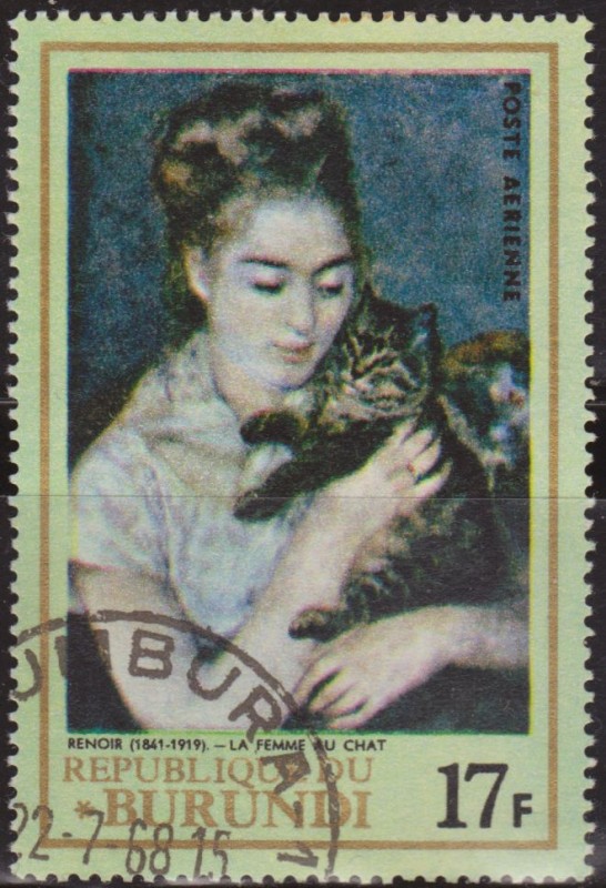 Burundi 1968 Scott C59 Sello * Pintura Mujer con Gato de A. Renoir (1841-1919) La Femme du Chat 17F 