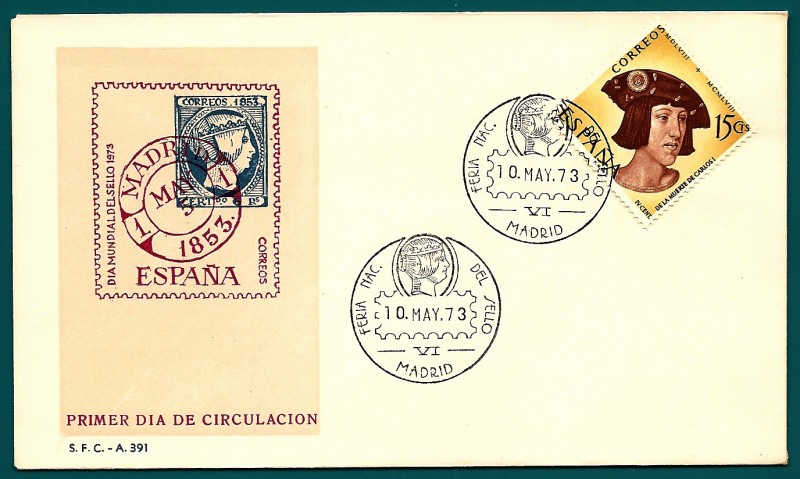 Feria Nacional del sello 1973 - IV centenario muerte Carlos I - en SPD día mundial del sello