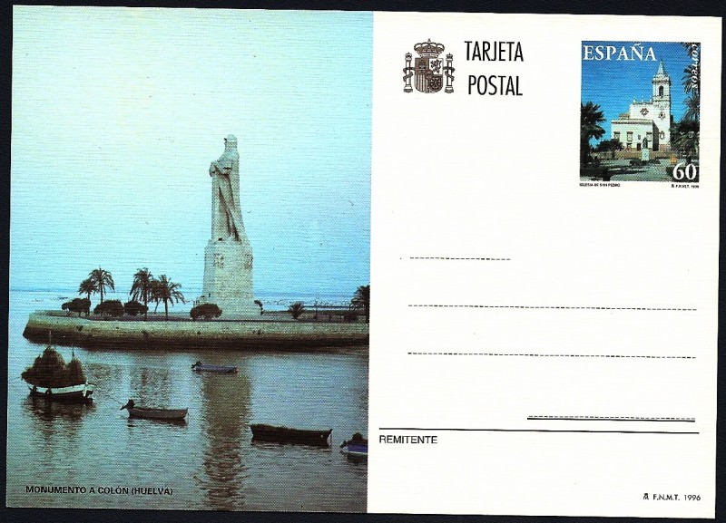 Tarjeta entero Postal  Huelva - Monumento a Colón - Iglesia de San Pedro