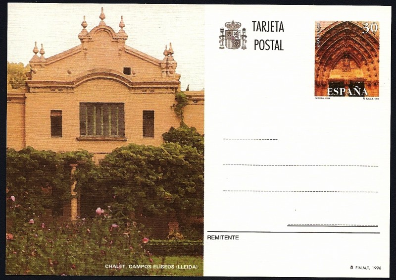 Tarjeta entero Postal   LLeida - Chalet campos Eliseos  - Catedral Vieja