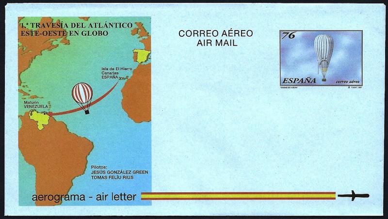 Aerograma - Primera travesía del atlántico este-oeste en globo