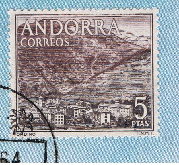 Andorra.  Vista del valle de Ordino  Primer día de circulación del sello