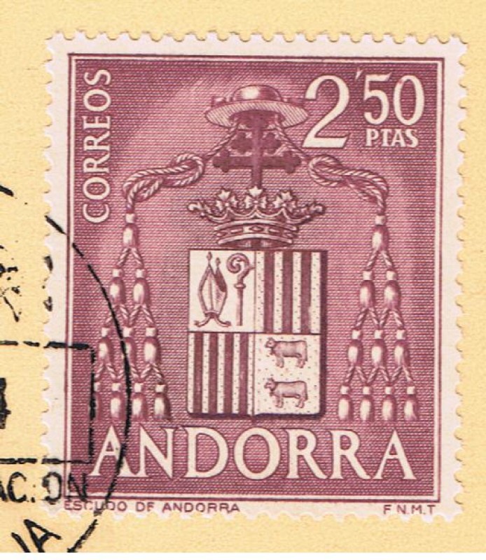Andorra.  Escudo de Andorra.  Primer día de circulación del sello