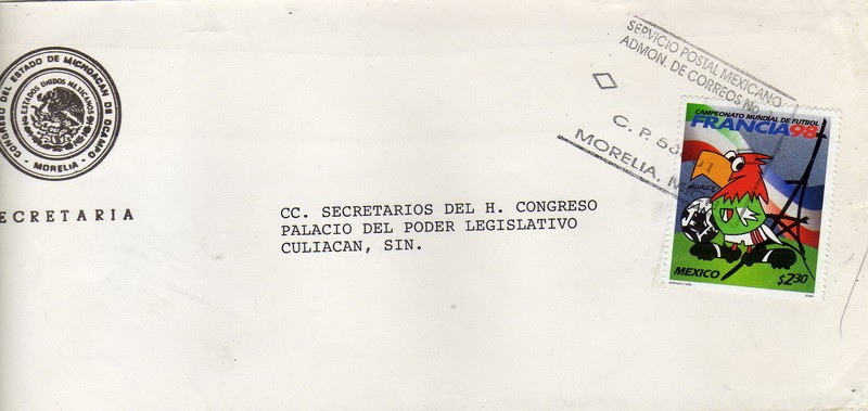Sobre circulado de México-Francia 98-aguila con uniforme mascota