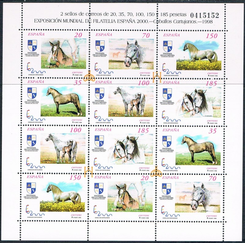 EXPOSICIÓN FILATÉLICA ESPAÑA 2000. CABALLOS CARTUJANOS 1998